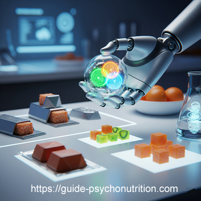 Cette image montre une main robotique manipulant des aliments futuristes : des sphères lumineuses et des cubes nutritifs. Elle évoque une cuisine de pointe, où la technologie personnalise notre alimentation pour un bien-être optimal !