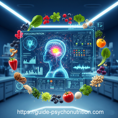 L'image montre un cerveau lumineux connecté à divers aliments et molécules nutritives. Elle symbolise une nutrition sur mesure, optimisée pour chaque individu, afin d'améliorer les fonctions cérébrales et le bien-être mental.